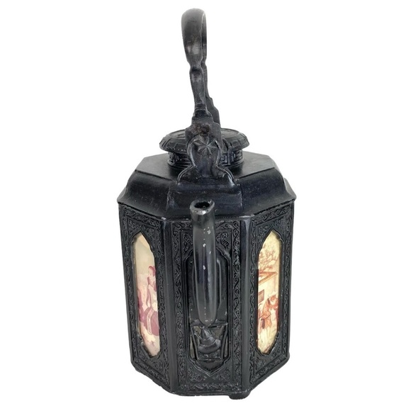 Vintage Chinese Shantou Teapot Pewter Metal Reverse Glass Painted Panels Black - Picture 4 of 16